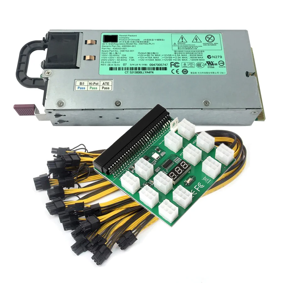 

1200W Mining Power Supply Kit, Breakout Board, 12pcs PCIe 6Pin to 6+2Pin Power Cable