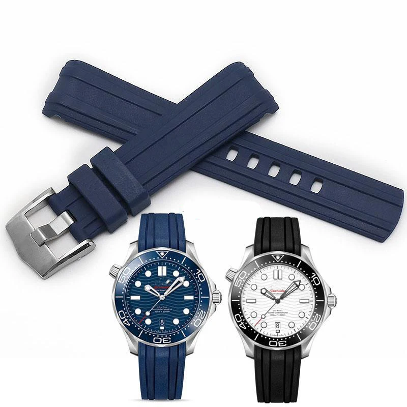 20mm Watch strap Replacement for Omega Seamaster 300 Curved End Fluorous Rubber silicone watchband Stainless steel buckle