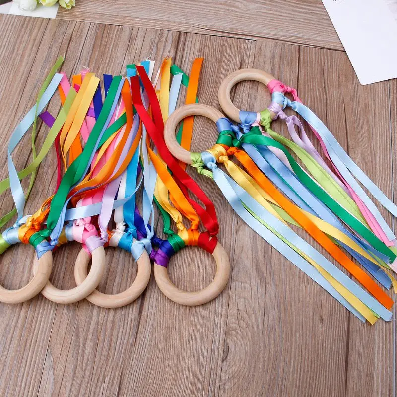

Rainbow Natural Wooden Ribbon Ring Baby Teether Newborn Sensory Toy Shower Gift