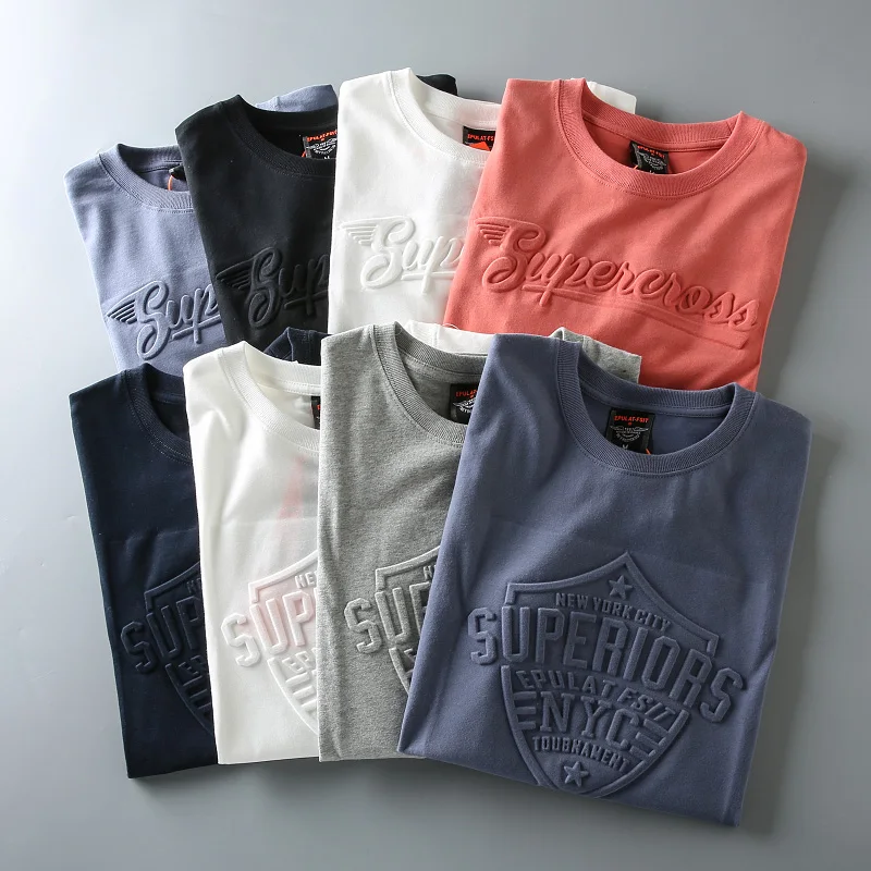 

Summer 2021 New Embossed 3D Lettering T-shirt for European American Men's Short Sleeve O-neck 100% Cotton Washed Old Casual Tops