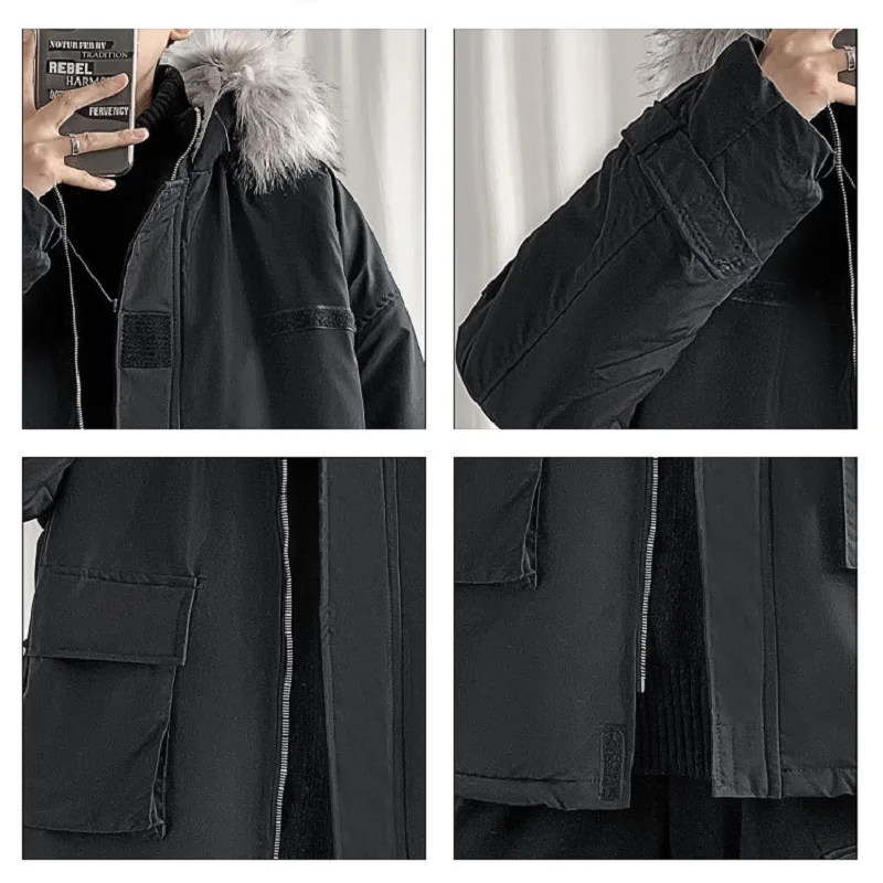 Winter Coat Men's Fashion Multi-pocket Tooling Bread Suit Hong Kong Style Loose Trend Big Fur Collar Warm Jacket Men Clothing