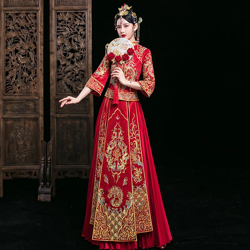 

New Chinese Women Cheongsam Vintage Wedding Dress Chinese Style Marriage Set Suzhou Embroidery Bride Clothing Marriage Gift