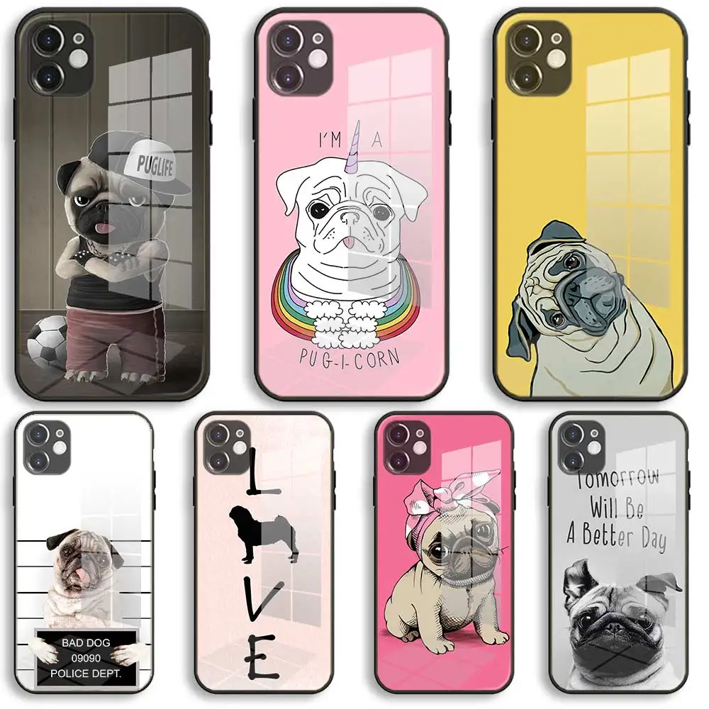 

Pug Dog Soft Glass Silicone Case For iPhone 13 12 11 Pro X XS Max XR 8 7 6 Plus SE 2020 S Mini Balck Cover