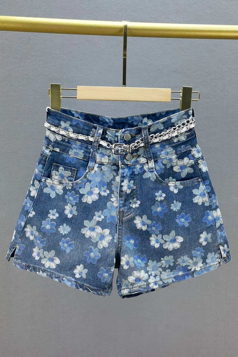 

Blue Gray Printed Plus Size Denim Shorts Women's Thin 2021 Summer High Waist Loose Slimming Jeans Lady Split Wide Leg Hot Pants