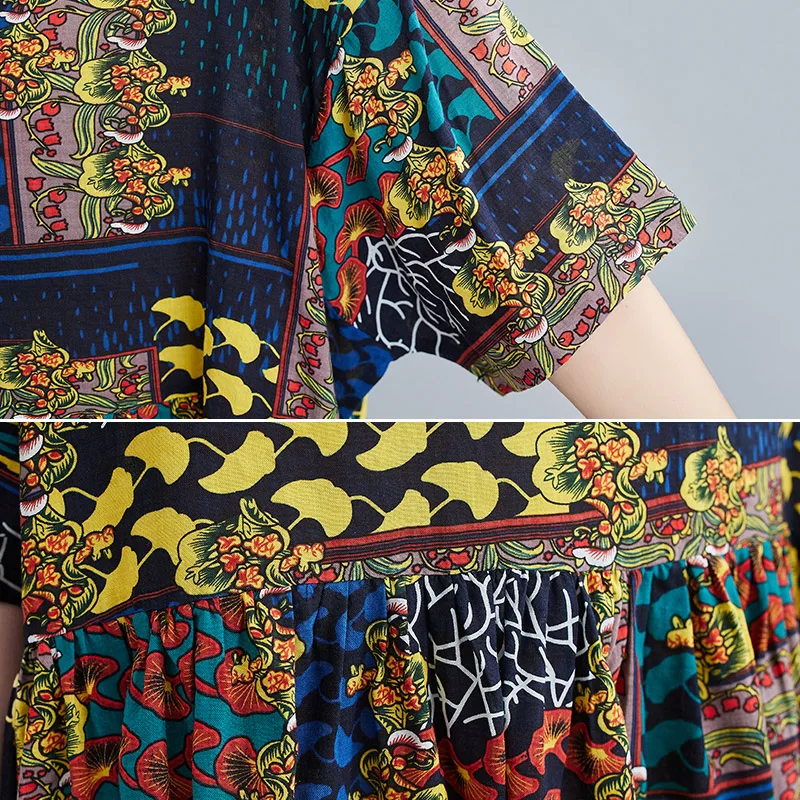 

2021 New Summer Short Sleeve Women Dress Plus Size Art Printed Cotton Linen Dress Robe Female Loose Boho Lady Vestidos Sundress