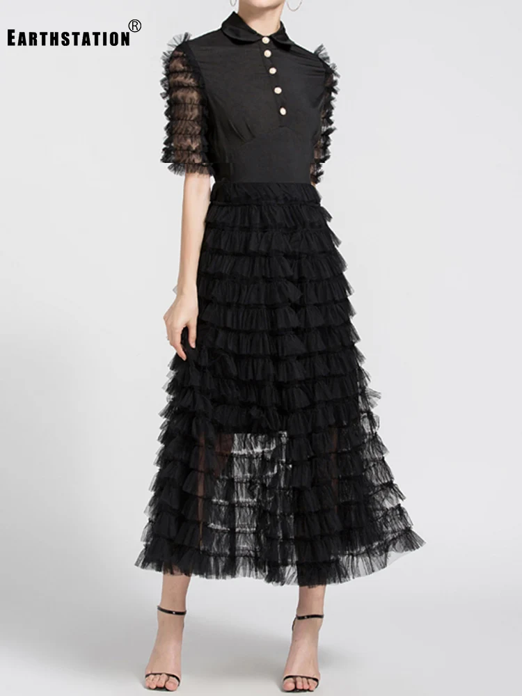 

Retro solid color lapel pullover high waist stitching multi-layer net yarn dress ladies summer new loose big hem Puff skirt