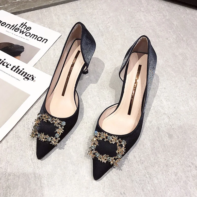 

2021 spring and summer new single shoe square buckle diamond pointed thin heel high heels women's silk Korean hollow shoes 6.5cm