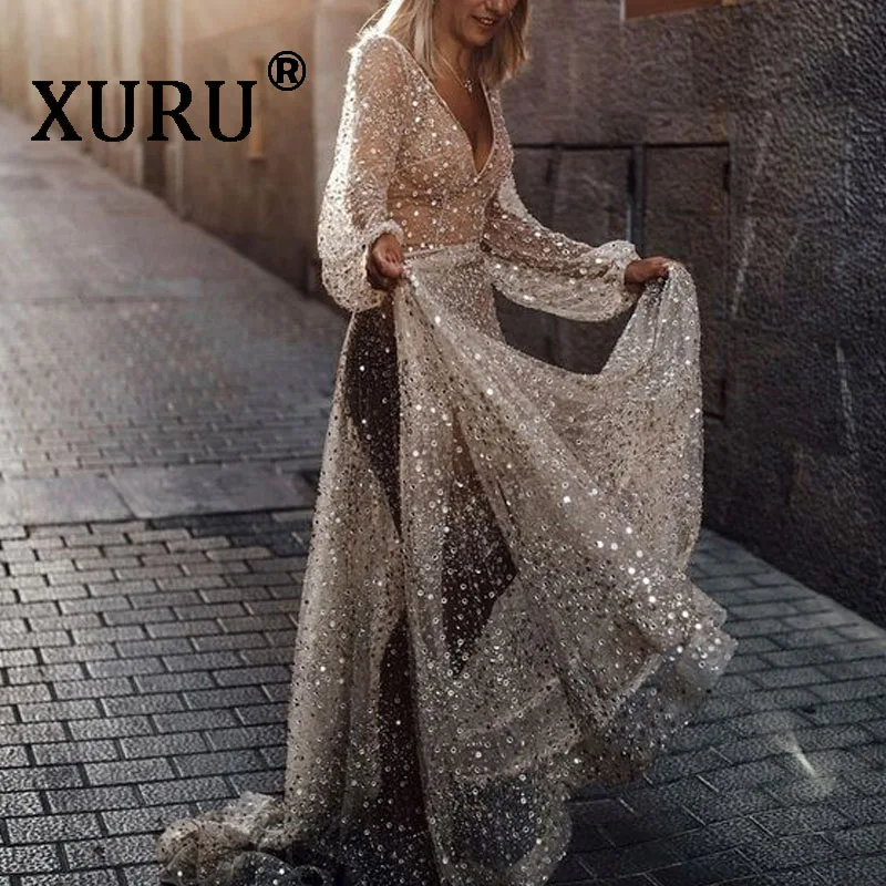 XURU, Новинка лета, женское сексуальное платье с блестками, с длинным рукавом, перспективное, на бретелях, для собора, платье, для ночного клуба, вечерние платья