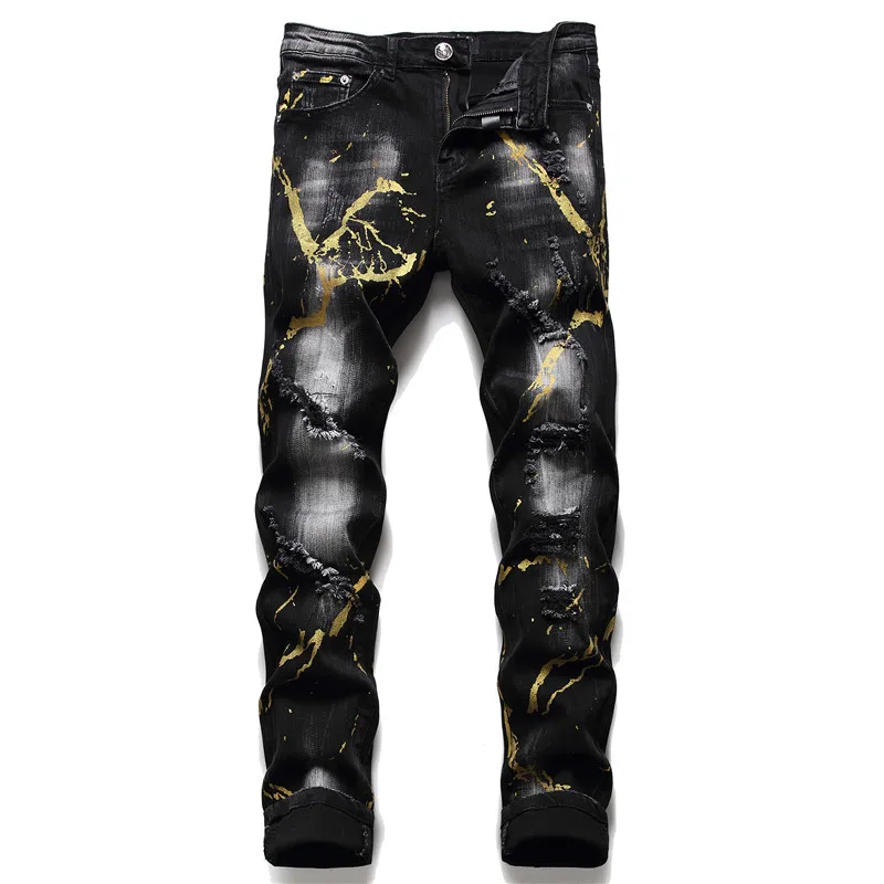 

Fall Winter New Tattered Men's Slim PP Wash Ripped Jeans Black Paint Splash Tight Stretch Fashion Male Trousers