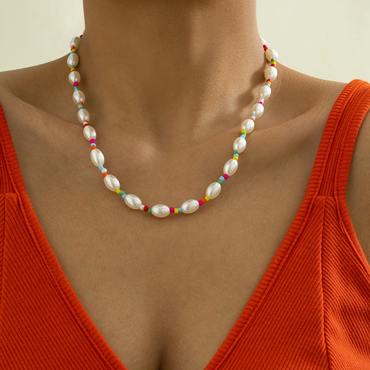 

IngeSight.Z Y2K Colorful Rainbow Seed Beaded Chain Choker Necklaces Bohemian Imitation Pearl Collar Necklaces Women Neck Jewelry
