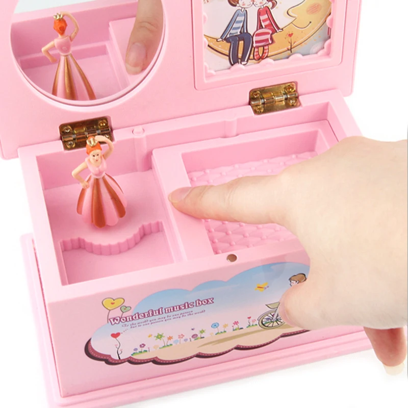 

Music Box Rotating Musical Box Plastic Mechanical Boxes Dancing Girl Cartoon Pink Mirror Makeup Jewelry Storage Box Fashion Toy