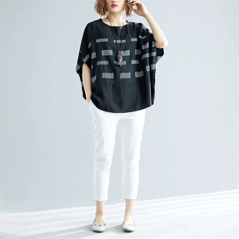 

Oversize Summer Cotton Tshirts For Women Plus Size Bat Plaid Tee Tops Harajuku Kawaii Cute Splicing T-Shirt Female Vintage Shirt