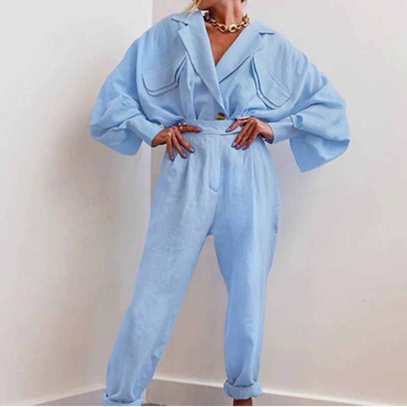 

Костюм спортивный женский из 2 предметов, повседневный Свободный Длинный топ и брюки с прямыми штанинами, комплект из льна, весна-лето