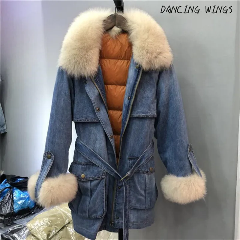 New Fashion Real Fox Fur Collar Coat Women Winter Jacket Detachable Duck Down Liner Denim Jacket Natural Fur Coat