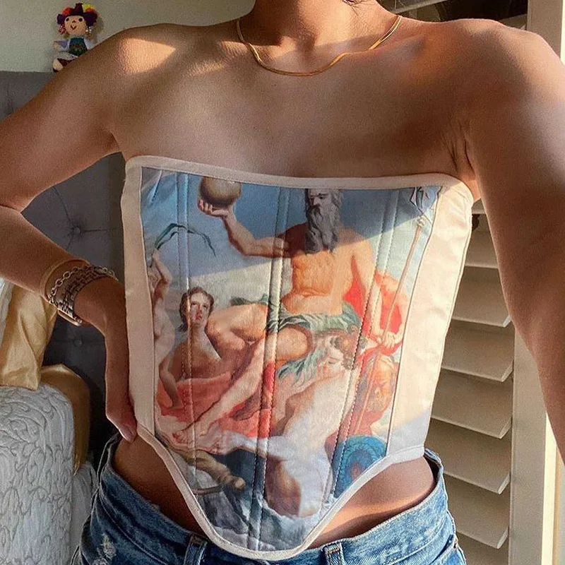 

y2k Vintage Corset Tank Top Women 2021 Summer Fashion Aesthetic Clothes Print Vest Clubwear Strapless Sleeveless Sexy Crop Tops