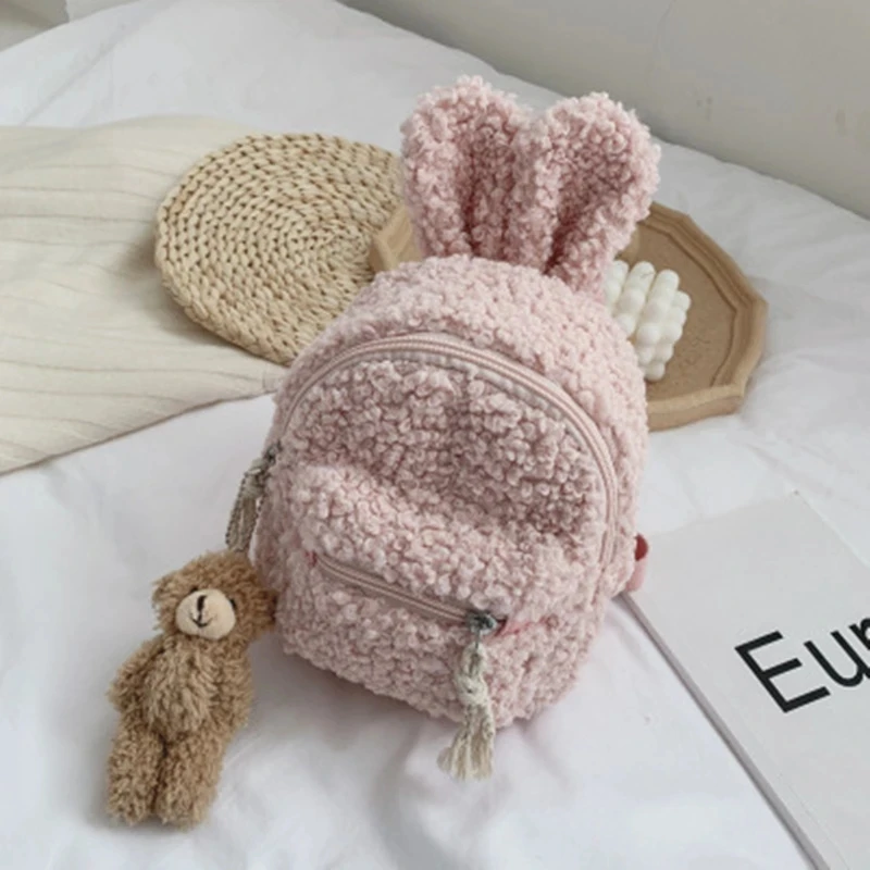 

2021 Kid's Backpack Korean Children's Plush Bag Shoulder Bag Girls Simple Cute Rabbit Shoulder Bag 3D Cartoon Animal Backpack