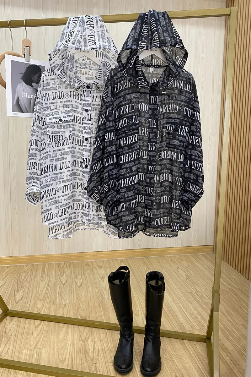 

Ins Korean fahsion Letter Print Hooded Shirts for women 2021 Summer New Hooded Double Pocket Long Sleeve Sun Protection Clothing