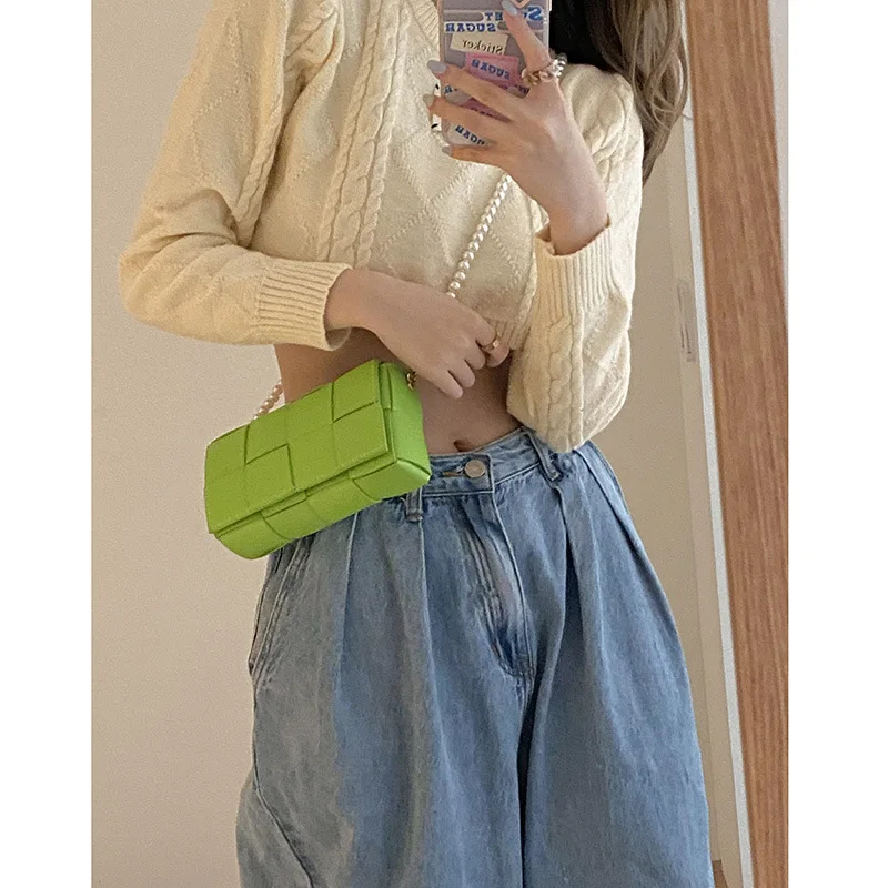 

Pearl Chain Shoulder Bags For Women New 2021 Designer Small Orange Green White Black Elegant Lady Woven Messenger Bag Daily