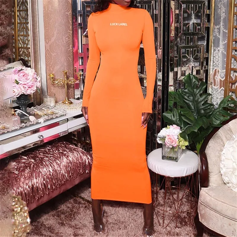 

Autumn Fashion Girl Dress Slim Print Letters SML Long Sleeve Turtleneck 2 Colors Woman Casual Skinny Dress Sheath Long Dress