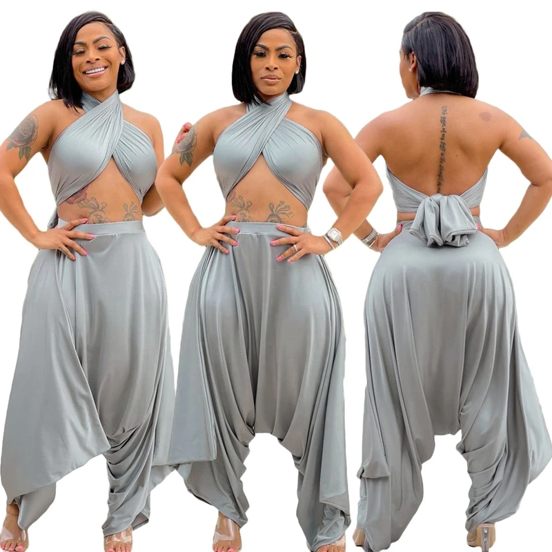 

HAOYUAN Sexy Two Piece Set Women Rave Festival Clothing Strapless Halter Crop Top Irregular Flare Pant Club Outfit Matching Sets