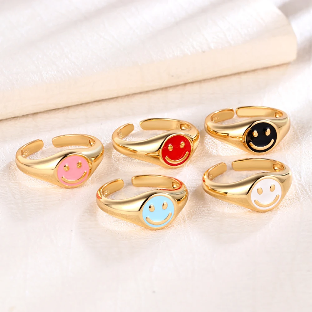 

Cute Enamel Smiley Face Open Ring Y2K Fashion Jewellry for Women Adjustable Quality Brass Gold Plated Smiley Rings Friend Gift