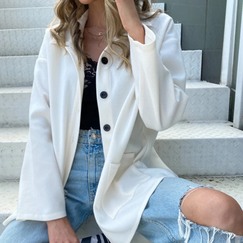 

New Autumn Winter Tops Mujer Women Shirts New Casual Oversized Mid-length Woolen Jacket Pocket Button Up Shirt Loose Ladies Top