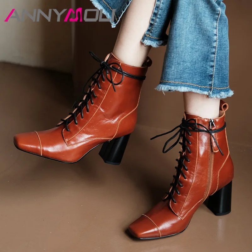 

ANNYMOLI из натуральной кожи на плоском квадратном каблуке; Женские ботинки; Женские полусапожки обувь квадратный носок на высоком каблуке с за...