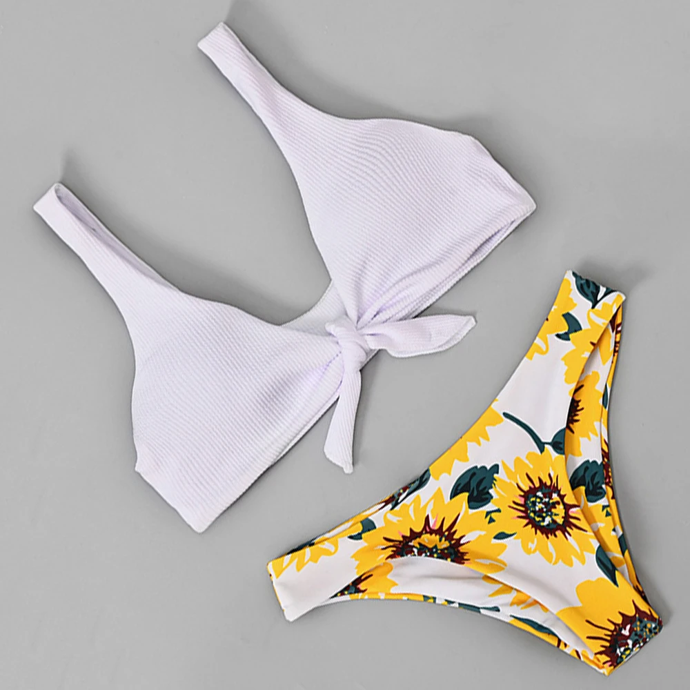 Женский купальник с принтом подсолнуха пикантный завязками спереди пуш ап