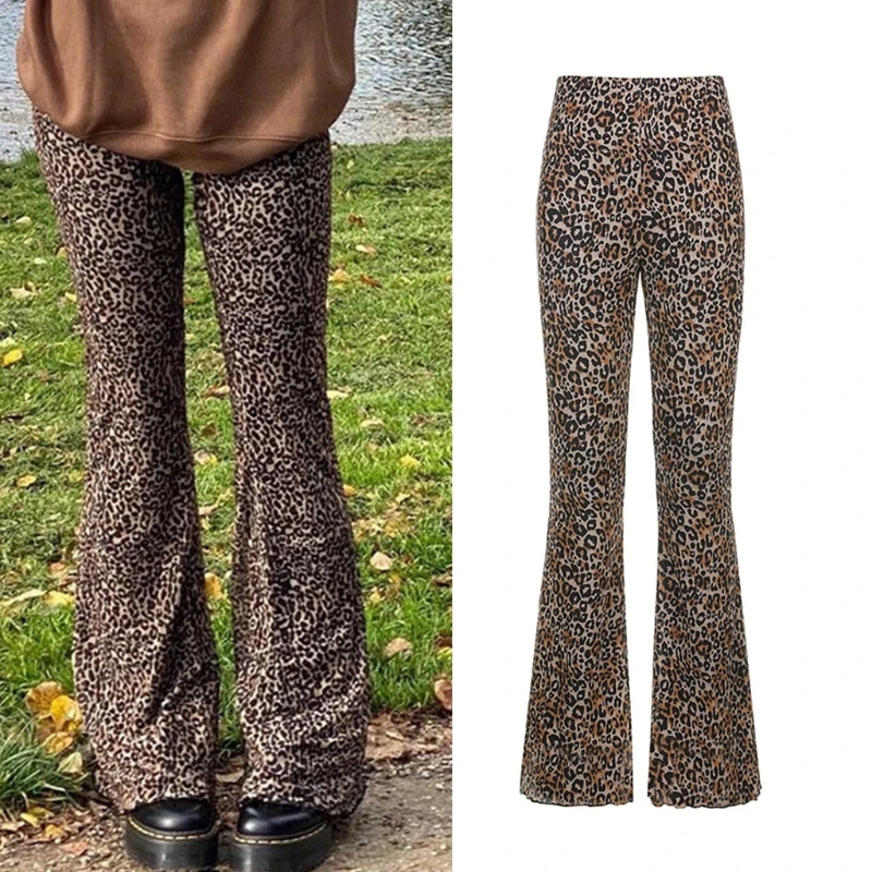 

Women High Waist Wide Leg Pants Leoaprd Flare Bell Bottom Mesh Skinny Trousers 83XF