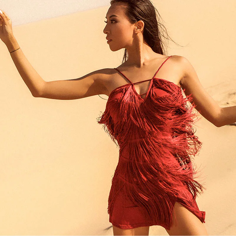 Платье для латинских танцев женское платье с бахромой красное на бретельках