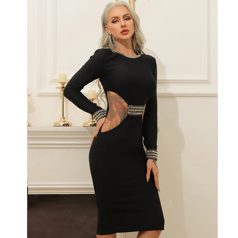

Sexy Long Sleeve Dress 2021 Spring New Black Round Neck Waistless Tight-fitting Bodycon Midi Bandage Dress Women for Party