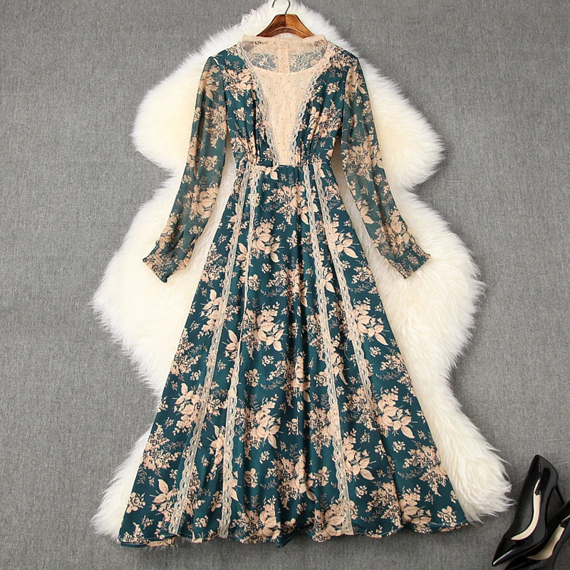 

New HIGH STREET Fashion 2021 Designer Runway Dress Women's Long Sleeve Lace Embellished Floral Midi Dress