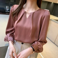 high quality acetate satin shirt female design sense spring and autumn fashion temperament french v neck chiffon shirt top