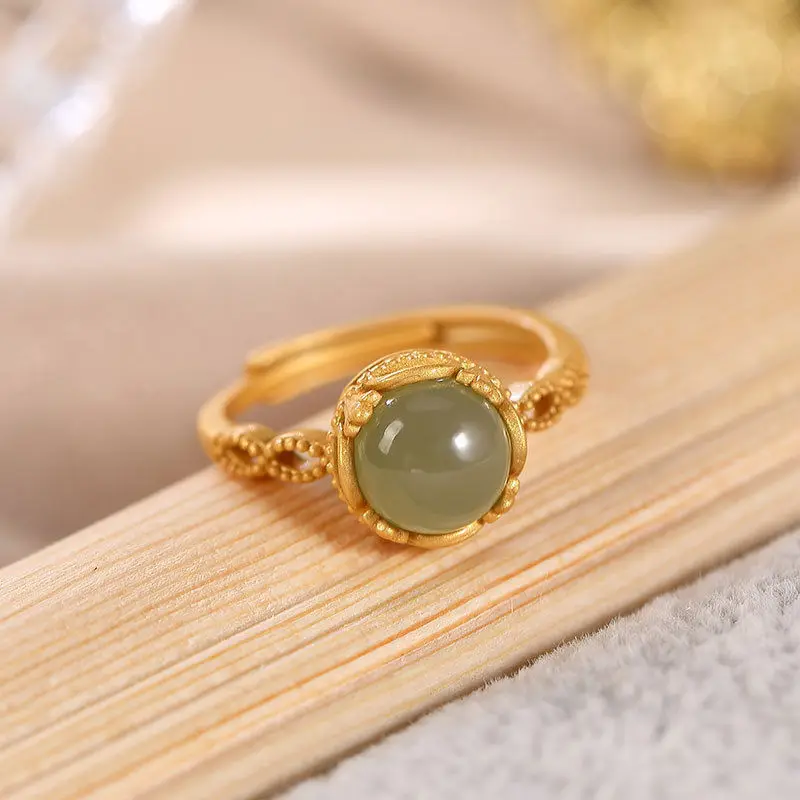 

Natural Hetian Jade Gray Jade Twist Ring Open S925 Sterling Silver Mosaic Jade Jasper Qinghai Material Simple Jewelry