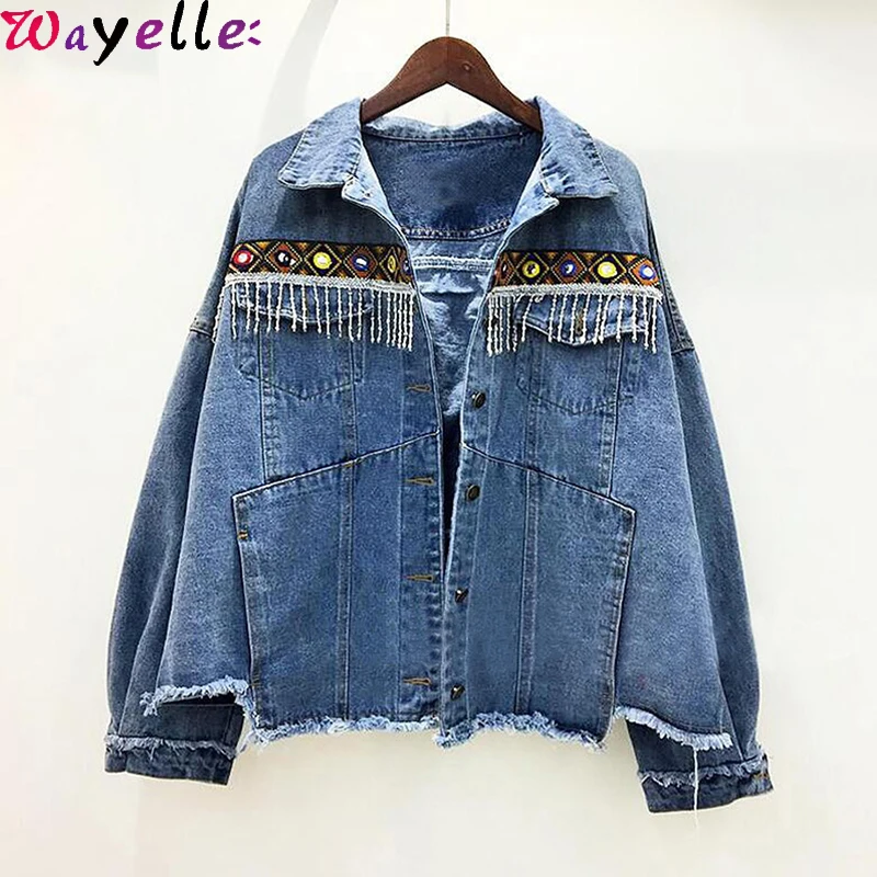 Boho джинсовая куртка с кисточками Женская Осенняя винтажная вышитая Этническая