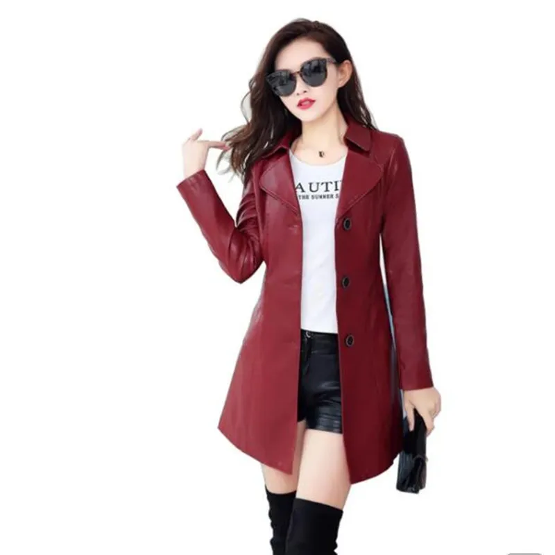new Leather Coat Coat WOMEN'S Dress xin chun qiu PU Leather Women's Middle Long Coat Slim Fit Leather Wind Coat leather jacket