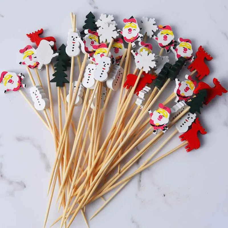 100Pcs Christmas Cocktail Picks Elk Santa Claus Fruits Bamboo Toothpicks for Drink Dessert Food Appetizers Wedding Party Decor