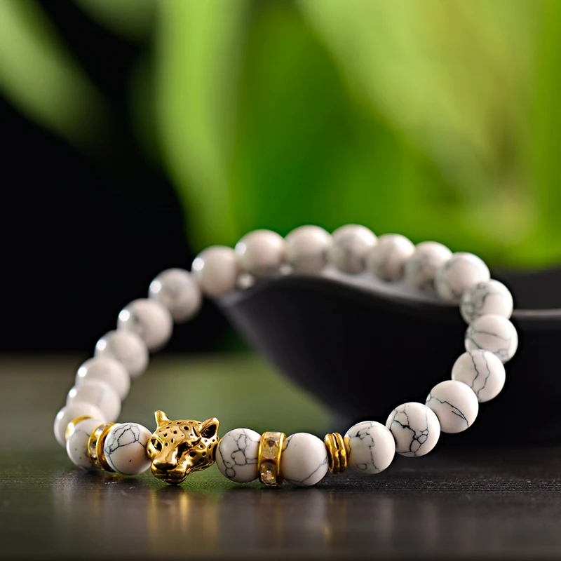 TopHanqi чакра натуральный Лава Оникс Камень выветривание браслет для мужчин женщин Винтаж золотые бусины в форме головы леопарда шарм браслеты ювелирные изделия подарок