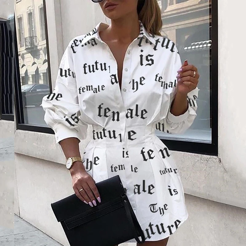 

2021 Autumn Long Sleeve Shirts Women Fashion New Turn Down Collar Print Blouse Casual Tops Collect Waist Slim Clothing for Woman