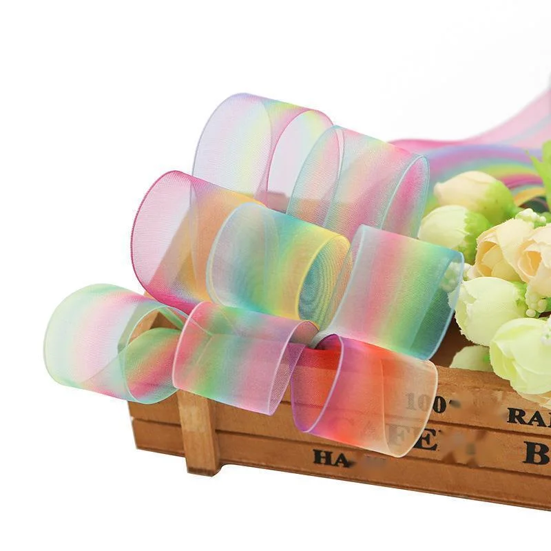

1pcs 25mm Rainbow Chiffon Translucent Ribbon Bag Ornament Creative DIY Gift Packaging Ribbon Clothing Hair Accessories Ribbon