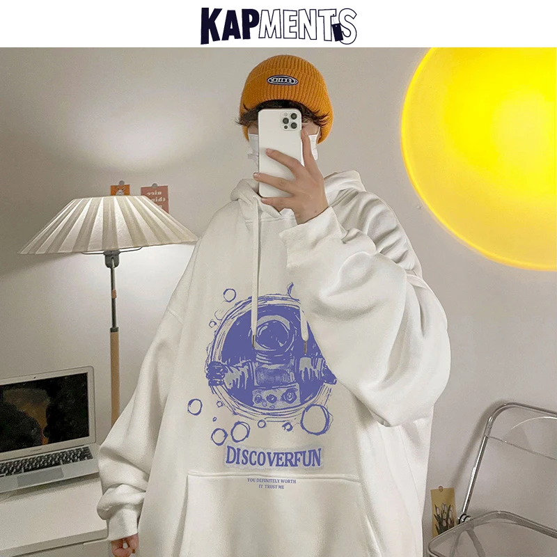 

KAPMENTS Men Harajuku Fleece Hoodies 2022 Mens Cartoon Letter Thicken Hooded Sweatshirts Man Kawaii Black Korean Fashion Hoodie