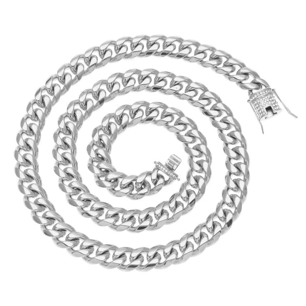 

Stainless Steel gold silver color men necklace hiphop bling iced out 78cm long Miami cuban chain necklaces men hip hop jewelry