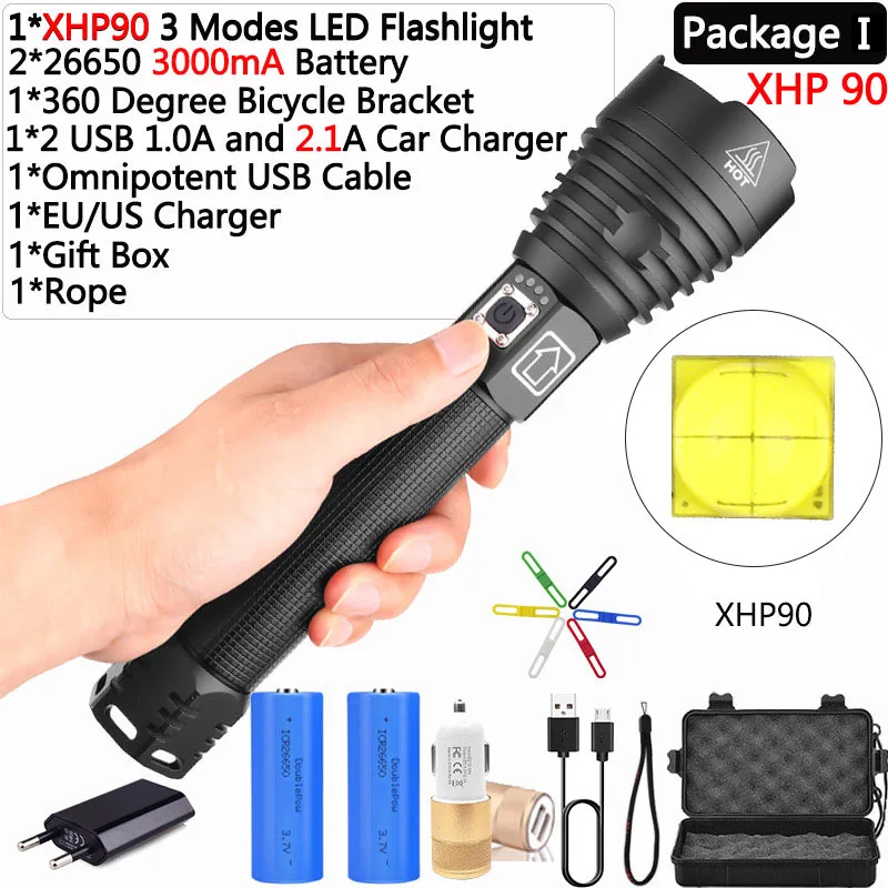 Package I Яркий Перезаряжаемый светодиодный светильник-вспышка XHP70.2 XHP90, мощный фонарь, супер водонепроницаемый охотничий светильник с зумом, 18650 или 26650 Battey - Испускаемый цвет: Package I