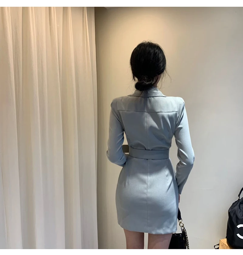 Trytree Autumn Winter Women Casual Dress Turn-down Collar Single Breasted Pockets Belt 5 Colour Slim fit Fashion Mini Dress