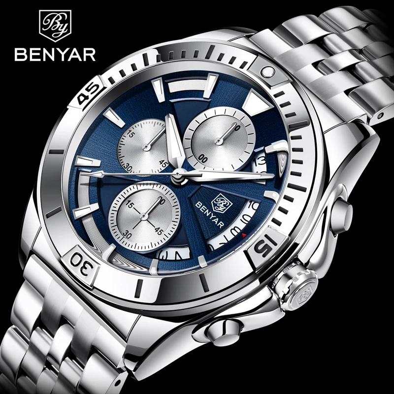 BENYAR Men's Watches 2021 Top Brand Luxury Stainless Steel Men Quartz Wristwatches Chronograph Sport Military Relogio Masculino