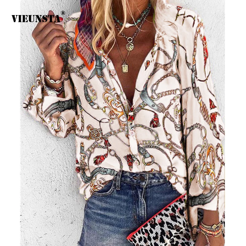 VIEUNSTA женские сексуальные блузки на пуговицах с v образным вырезом рубашка