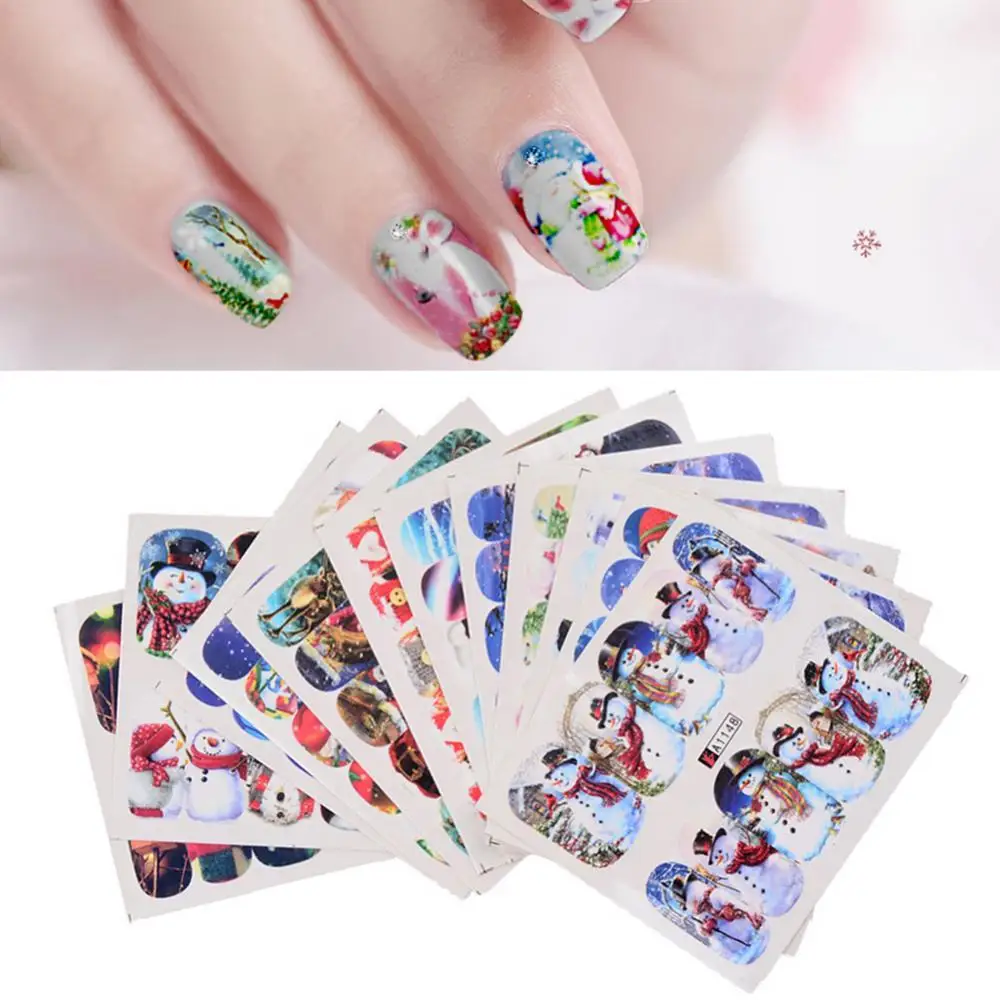 

12 Sheets Christmas Nail Sticker Santa Claus Elk Snowman Gift Water Transfer Slider Full Wrap Xmas Cartoon Winter Decal