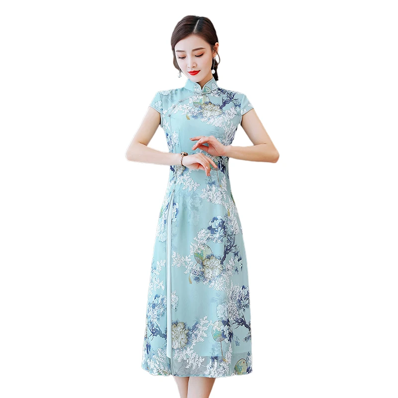

Chinese style dress for women long summer 2020 new Short-sleeved dress ladies improved cheongsam dress elegant printing fashion