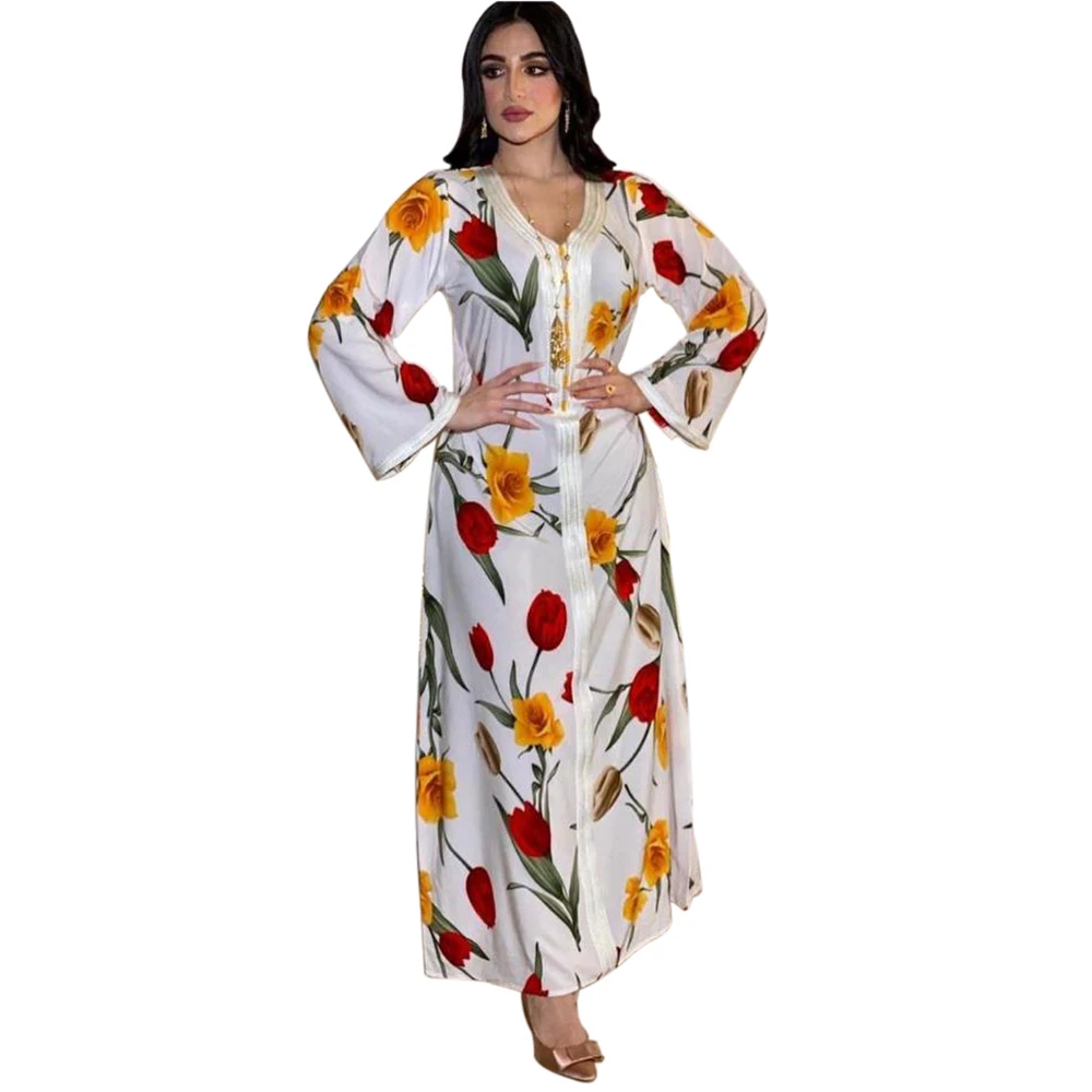 

Moroccan kaftan Ethnic Maxi Dress for Women Muslim V Neck Ribbon Long Sleeve Abaya Dresses White Dubai Turkey Arabic Clothing