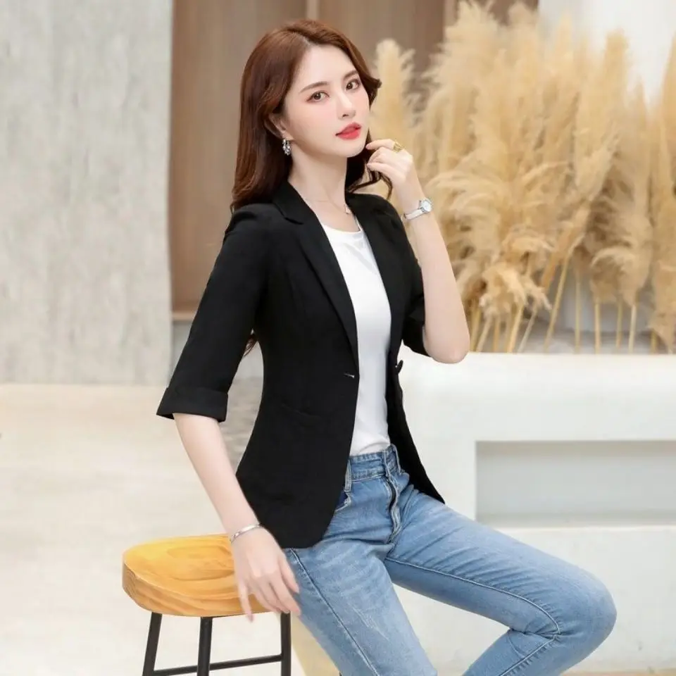 

Summer women's white suit coat 2021 fashion leisure women's Short Sleeve office Jacket seven sleeve Button coat Plus Size 4XL
